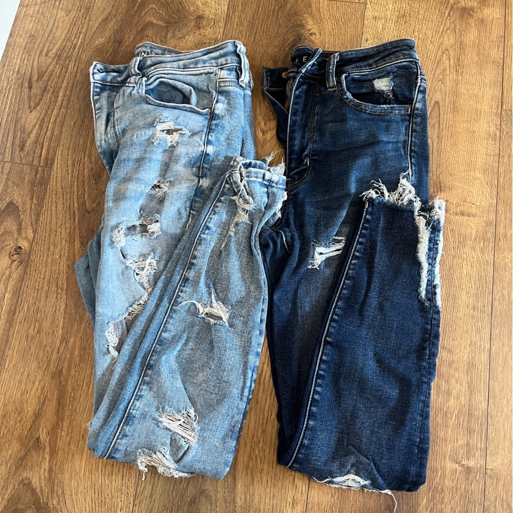 American Eagle Distressed Light Wash & Dark Wash Ripped Jeans - Two Pair